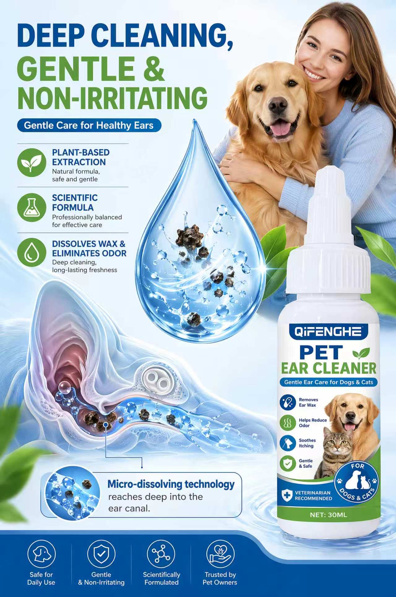 Dog Ear Cleaner Solution Drops Wash - 30ml Kropli do Czyszczenia Uszu dla